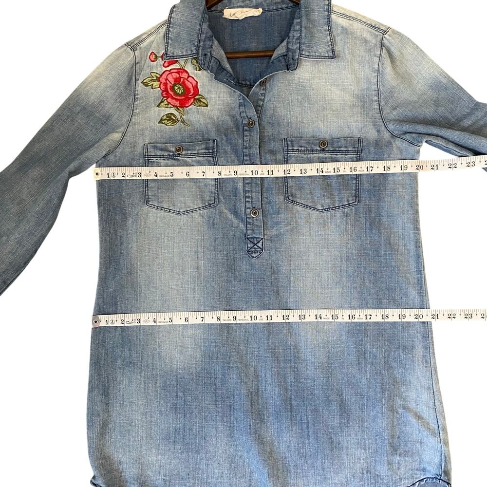 En Creme Womens S Embroidered Floral Chambray Denim Shirt Tunic Long Sleeve - Picture 7 of 14